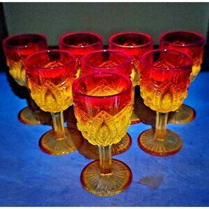 8pc Set Cadmium Amberina Cordial MCM Vintage Water Wine Glasses Rare WOW!